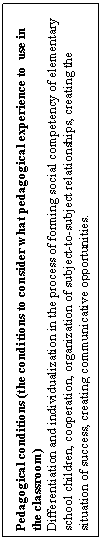 : Pedagogical conditions (the conditions to consider what pedagogical experience to  use in the classroom) 
Differentiation and individualization in the process of forming social competency of elementary school children, cooperation, organization of subject-to-subject relationships, creating the situation of success, creating communicative opportunities. 
 
