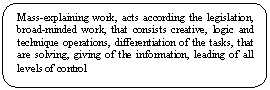  : Mass-explaining work, acts according the legislation, broad-minded work, that consists creative, logic and technique operations, differentiation of the tasks, that are solving, giving of the information, leading of all levels of control