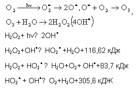 �������:  ,    
H2O2+ hν→2OH 
H2O2+OH →HO2 +H2O+116,62 ���
H2O2+ HO2 →H2O+O2+ OH +83,7 ���
HO2 + OH →O2+H2O+305,6 ���

