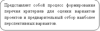 Скругленный прямоугольник: Представляет собой процесс формирования перечня критериев для оценки вариантов проектов и предварительный отбор наиболее перспективных вариантов.