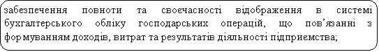 Скругленный прямоугольник: забезпечення повноти та своєчасності відображення в системі бухгалтерського обліку господарських операцій, що пов’язанні з формуванням доходів, витрат та результатів діяльності підприємства;