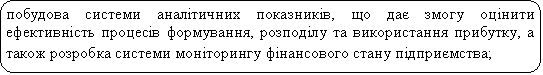 Скругленный прямоугольник: побудова системи аналітичних показників, що дає змогу оцінити ефективність процесів формування, розподілу та використання прибутку, а також розробка системи моніторингу фінансового стану підприємства;