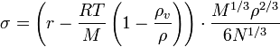 ��������: \sigma=  \left(r - \frac{R T}{M} \left(1-\frac{\rho_v}{\rho} \right) \right)\cdot   \frac{M^{1/3} \rho^{2/3}}{6 N^{1/3}}