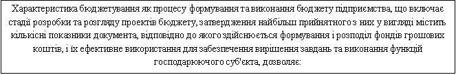 Подпись: Характеристика бюджетування як процесу формування та виконання бюджету підприємства, що включає стадії розробки та розгляду проектів бюджету, затвердження найбільш прийнятного з них у вигляді містить кількісні показники документа, відповідно до якого здійснюється формування і розподіл фондів грошових коштів, і їх ефективне використання для забезпечення вирішення завдань та виконання функцій господарюючого суб'єкта, дозволяє: